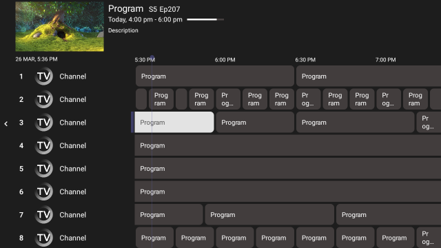 Sparkle TV programme guide showing the EPG timeline for IPTV channels