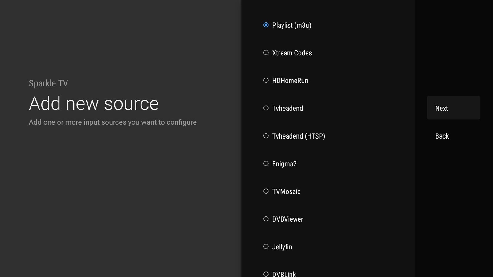 Sparkle TV Player settings screen
